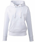 The AM003 hoodie by Anthem features a front pocket and drawstring hood in a white color. It is shown against a plain backdrop, clearly displaying the front side.