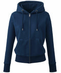 Anthem's AM004 is a navy blue hoodie featuring a zip-up front, drawstring hood, and convenient front pockets.