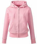The Anthem AM004 hoodie is showcased against a plain white backdrop. This pink full-zip design includes a front zipper, two front pockets, and a hood equipped with drawstrings.