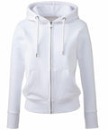 The Anthem AM004 is a stylish plain white zip-up hoodie featuring a front pocket and drawstrings. It is displayed against a white background, highlighting its casual design and comfortable fit.