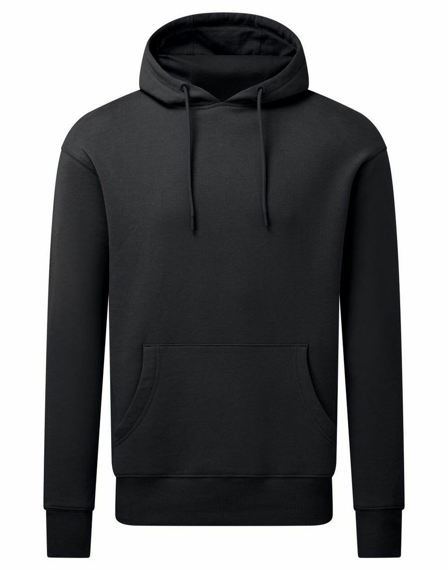 Anthem's AM006 is a plain black hoodie featuring a front pocket and adjustable drawstrings on the hood.