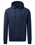 A hoodie from Anthem's AM006 collection in plain navy blue, featuring a front pocket and drawstring hood, displayed on a white background.