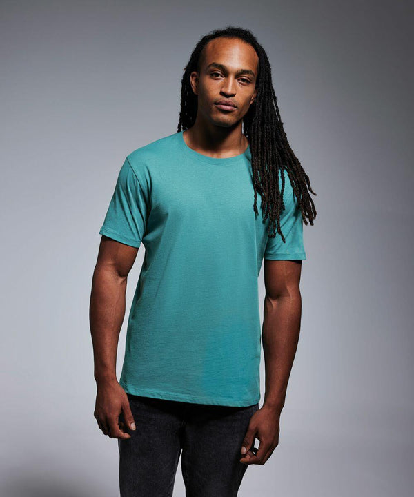 A person stands facing the camera, wearing a teal Anthem AM010 T-shirt and dark pants, with long braided hair.