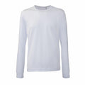 A plain white long-sleeve T-shirt, known as the AM011 by Anthem, is displayed against a white background. It features a round neckline and ribbed cuffs, emphasizing a simple and classic style.