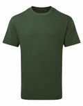 A plain dark green T-shirt, model AM015 by Anthem, is displayed upright against a white background, featuring a crew neck and short sleeves.