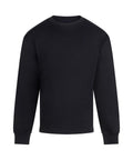 A plain black T-shirt with long sleeves and a crew neck is shown against a white background, featuring a simple design with ribbed cuffs and hem.