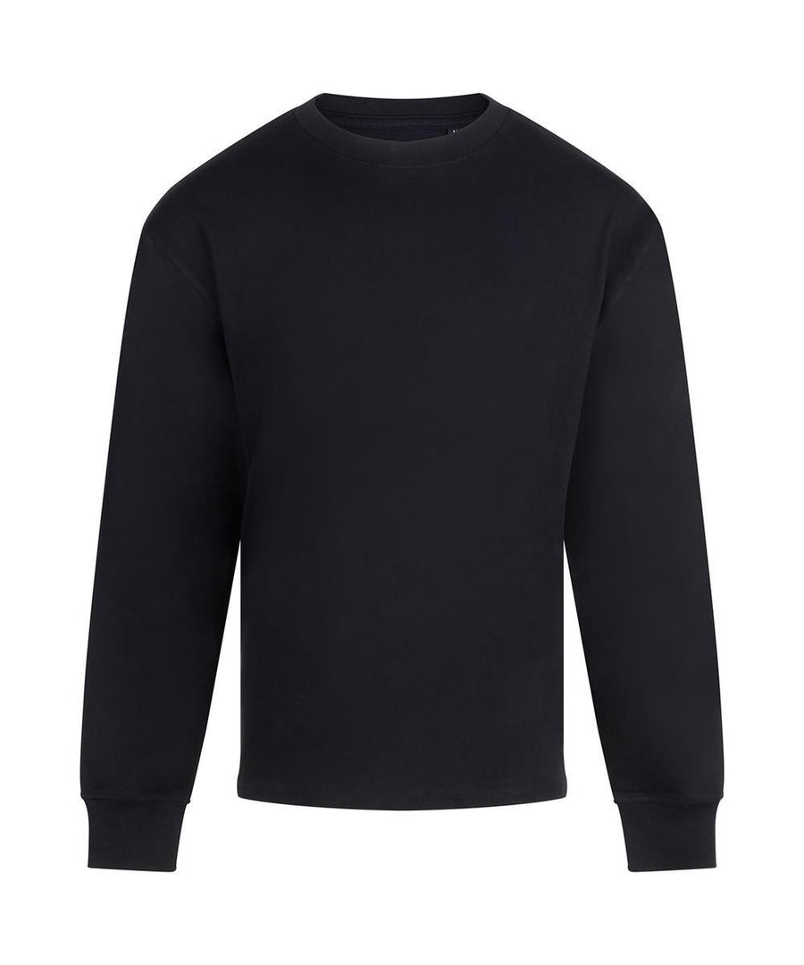 A plain black T-shirt with long sleeves and a crew neck is shown against a white background, featuring a simple design with ribbed cuffs and hem.