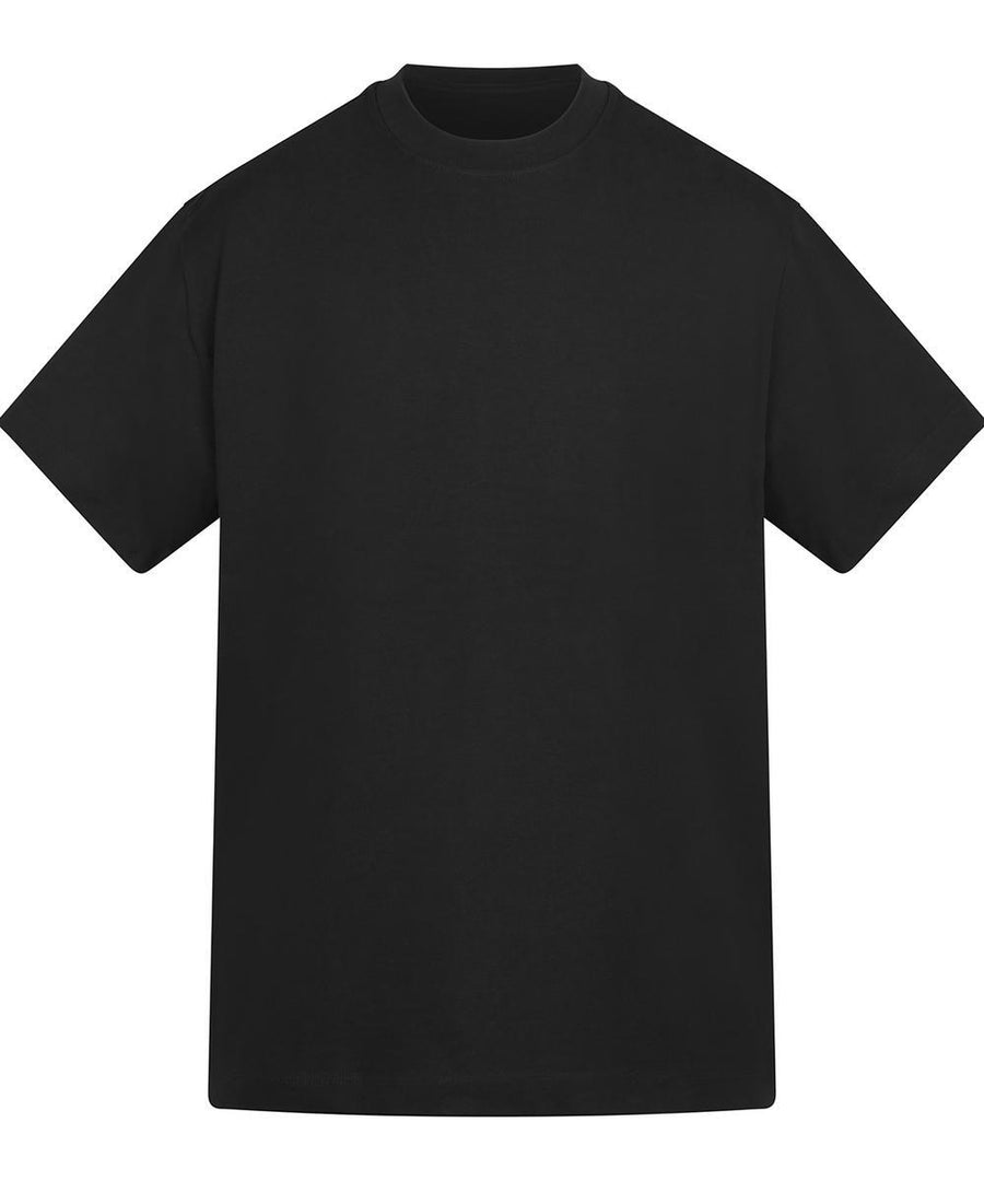 A plain black T-shirt short-sleeve shirt is centred on a white background, featuring a crew neckline with no visible logos, graphics, or patterns.