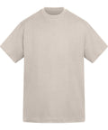 A plain beige T-shirt short-sleeved crew-neck T-shirt is shown on a white background, featuring a simple design with no logos, graphics, or patterns.