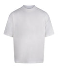 A plain white T-shirt, short-sleeve crew neck t-shirt, unadorned and loose-fitting, is displayed against a white background.