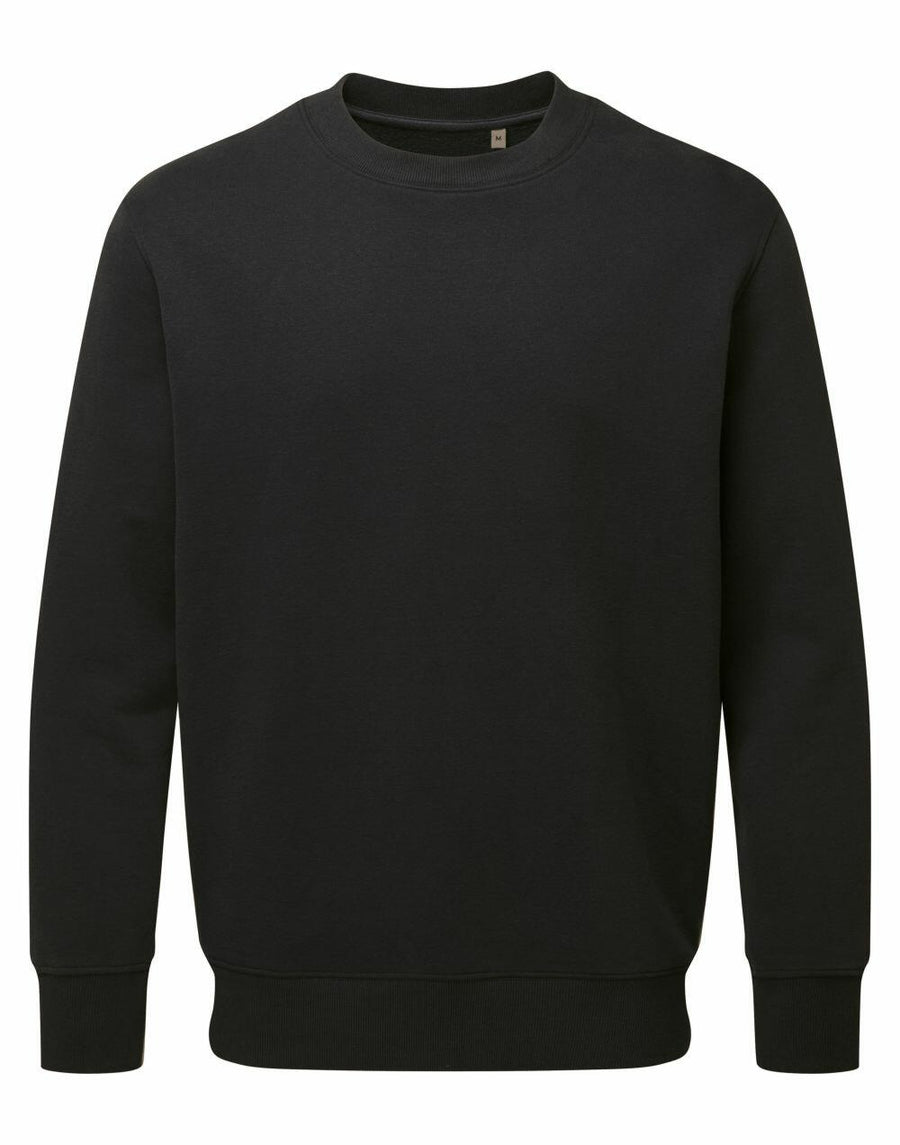 A plain black Anthem AM020 sweatshirt featuring long sleeves and a crew neck is displayed against a white background.