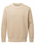 The AM020 sweatshirt by Anthem is showcased against a white background. This plain beige garment features long sleeves, a crew neck, and ribbed cuffs and hem.