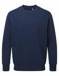 The AM020 sweatshirt by Anthem features a plain navy blue design, complete with long sleeves and a crew neckline, displayed against a white background.
