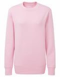 The Anthem AM020 sweatshirt is shown against a white background, featuring a plain pink crewneck design with long sleeves. It includes ribbed cuffs and a waistband, along with a smooth texture that contributes to its simple and casual look.