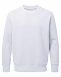 A plain white crewneck sweatshirt featuring long sleeves and a ribbed hem, from the Anthem brand, model AM020.