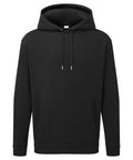 A black hooded sweatshirt with a hood, front pocket, and drawstrings is shown on a white background.