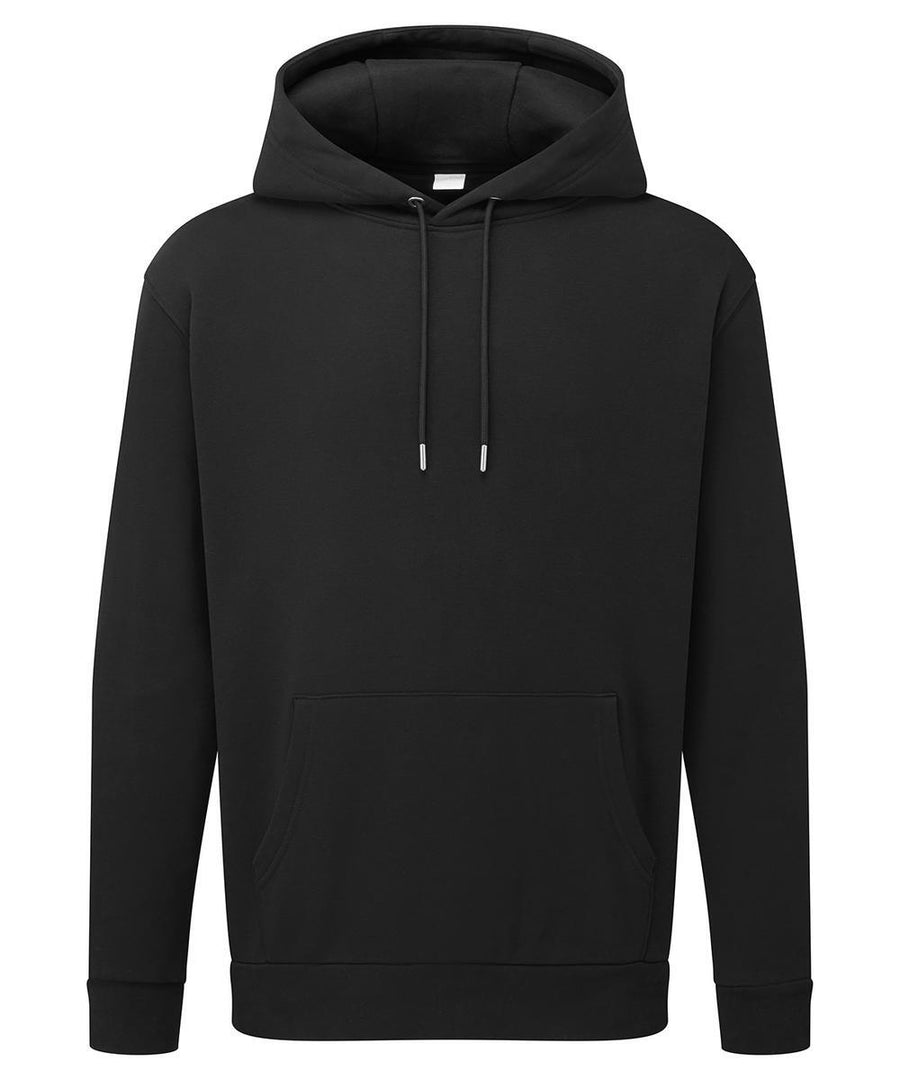A black hooded sweatshirt with a hood, front pocket, and drawstrings is shown on a white background.