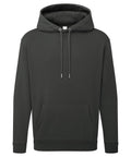 A plain, dark grey hooded sweatshirt with long sleeves, a hood with drawstrings, and a front pocket is shown on a white background. There are no visible logos or designs.
