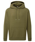 A hoodie product in plain olive green, featuring a front pocket and drawstrings, shown on a white background.