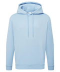 A light blue hooded sweatshirt with a front kangaroo pocket, drawstrings, and a hood is shown on a white background. It features no visible logos or designs.