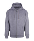 The Hoodies is a plain light grey zip-up with a front zip, two pockets, drawstring hood, and ribbed cuffs and hem, shown on a white background.
