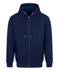 A navy blue zip-up hoodie featuring a front zip, hood with drawstrings, and two front pockets, shown on a white background.
