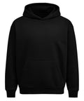The Hoodies product is shown against a white background. It is plain black with a front kangaroo pocket, ribbed cuffs and hem, and no visible logos or designs.