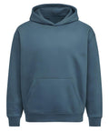 A blue hoodie sweatshirt with long sleeves, a front kangaroo pocket, and no visible logos or designs is displayed against a white background.