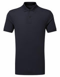 The black short-sleeve polo shirt, featuring a collar and three buttons, is displayed against a plain white background and is from the Asquith & Fox brand, product code AQ001.
