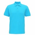 A vibrant blue polo shirt from Asquith & Fox, known as the AQ005, features short sleeves, a collar, and a three-button placket at the front. It is showcased against a simple white background.
