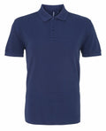 A navy blue short-sleeve polo shirt, featuring a classic collar and three buttons on the placket, labeled as Product AQ010 from Asquith & Fox, showcased against a plain white background.