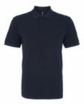 A short-sleeved, plain dark blue polo shirt with a collar and a two-button placket from Asquith & Fox, product code AQ010, is displayed against a white background.