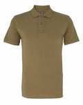 A khaki AQ010 short-sleeved polo shirt by Asquith & Fox, featuring a collar and two buttons, displayed against a plain white background.