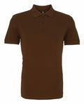The AQ010 from Asquith & Fox is a simple, clean design featuring a classic collar, short sleeves, and a three-button placket down the front in plain brown. It is showcased against a white background to highlight its understated elegance.