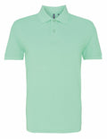 A mint green polo shirt from Asquith & Fox, model AQ010, featuring a classic collar and three buttons. This short-sleeved shirt is crafted from a smooth fabric and is set against a plain white background.