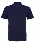 The AQ010 by Asquith & Fox is a plain navy blue polo shirt featuring short sleeves, a collar, and three buttons down the front. It is displayed against a white background.