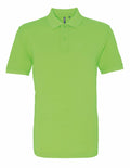 This is the Asquith & Fox AQ010 polo shirt in a vibrant lime green color. It has short sleeves and a stylish collar, featuring a two-button placket. The design is minimalistic with no visible logos or patterns, offering a smooth and comfortable fabric perfect for casual or semi-casual occasions.