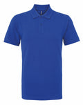 A plain blue polo shirt from Asquith & Fox, model AQ010, is displayed against a white background. This shirt features a classic collar, a button placket with three buttons, and short sleeves.