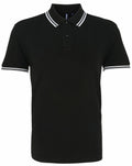 Product AQ011 by Asquith & Fox is a black polo shirt with a white double stripe on the collar and sleeve cuffs, featuring a buttoned placket with three buttons.