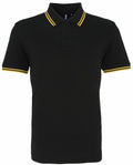 Introducing the Asquith & Fox AQ011: a stylish black polo shirt featuring yellow striped accents on the collar and sleeve edges, complete with a classic three-button placket.