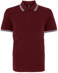 The Asquith & Fox AQ011 is a maroon polo shirt with a collar featuring two white stripes and matching white-striped sleeve cuffs. It also includes a three-button placket.