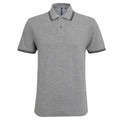 The AQ011 polo shirt from Asquith & Fox features a gray design with black trim on the collar and sleeves, and includes buttons at the collar. It is showcased against a plain white background.