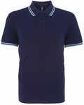 The AQ011 polo shirt by Asquith & Fox features a navy blue design with a light blue striped collar and sleeves.