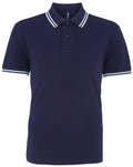 Introducing the AQ011 by Asquith & Fox: a stylish navy blue polo shirt featuring sophisticated white striped detailing on the collar and sleeve cuffs.