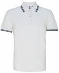 The AQ011 by Asquith & Fox is a white polo shirt with short sleeves and a collar, accented with dark blue and white stripes along the collar and sleeve edges. It features three buttons at the neckline and is shown against a plain background.