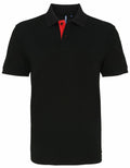 The product is an Asquith & Fox AQ012 black polo shirt featuring a contrasting red placket and a matching black collar.