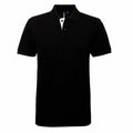 Introducing the Asquith & Fox AQ012: a classic black polo shirt featuring short sleeves and a collar. The front showcases a button placket with two distinct buttons—one in black and the other in white—complementing its timeless, minimalist design.