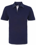 This is the Asquith & Fox AQ012—a dark blue polo shirt with short sleeves, a classic collar, and a three-button placket adorned with white buttons that stand out against the blue fabric. The shirt is impeccably pressed and set against a plain white background for display.