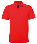 The AQ012 by Asquith & Fox is a bright red polo shirt featuring short sleeves and a collared neckline. It includes a two-button placket with a contrasting dark interior, offering a sleek, plain design without any visible logos or embellishments.