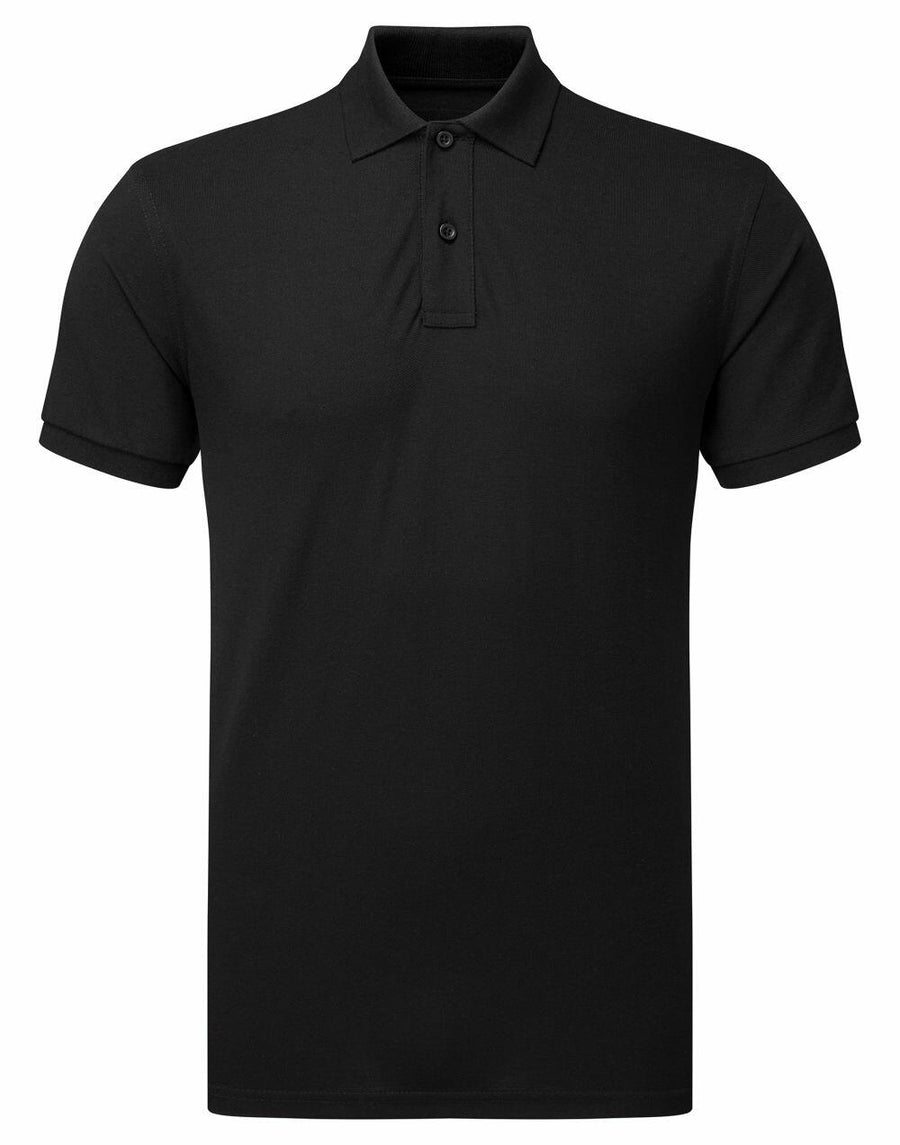 Asquith & Fox's AQ015 is a black polo shirt featuring short sleeves, a folded collar, and three buttons.